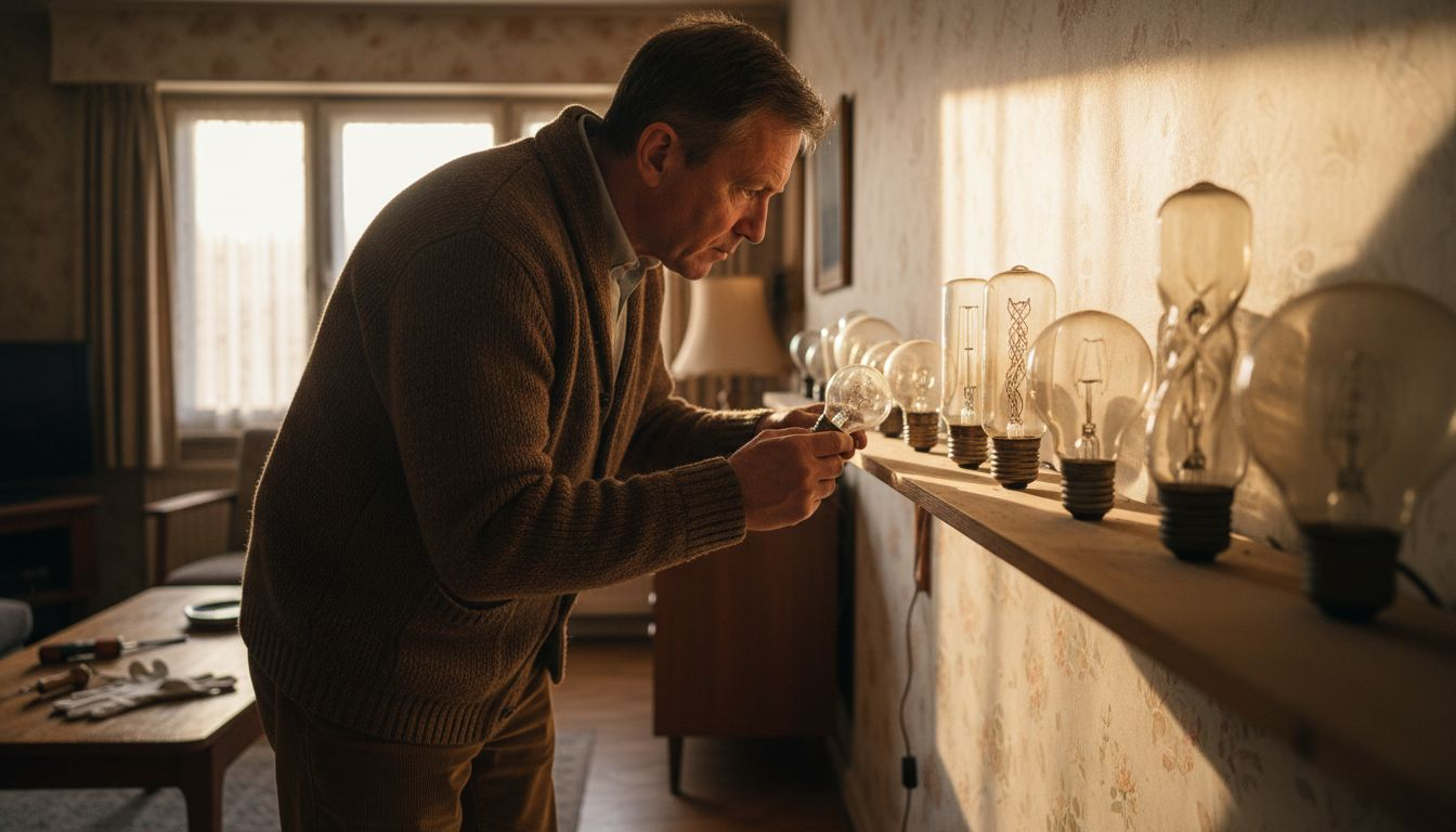 Un passionné de luminaires examine attentivement une collection d’ampoules vintage à filament.