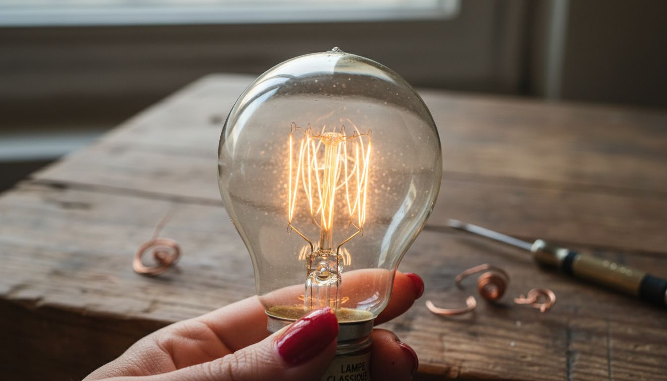 Gros plan sur le filament incandescent d’une ampoule, baigné d’une lumière chaleureuse.