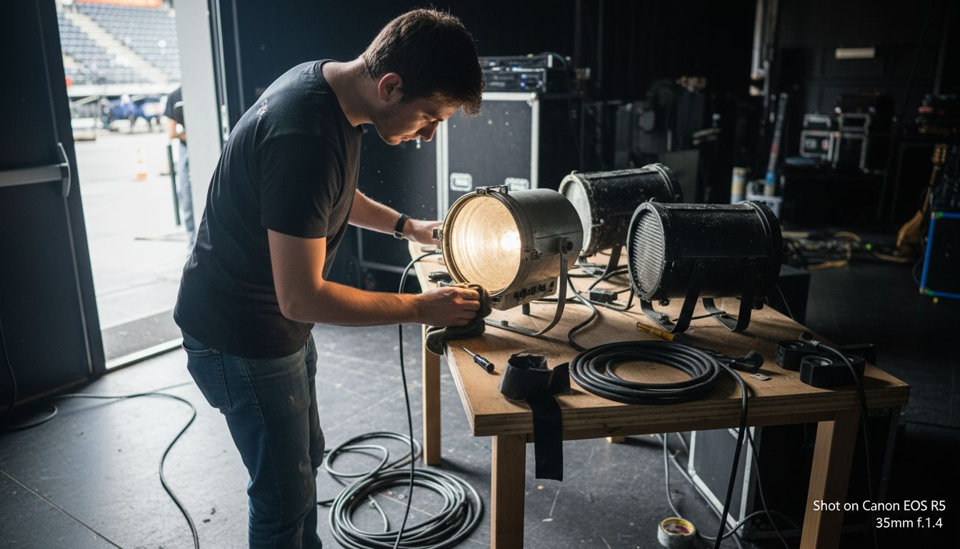Le régisseur procède au nettoyage minutieux d’un vieux projecteur blinder pour lui redonner tout son éclat.