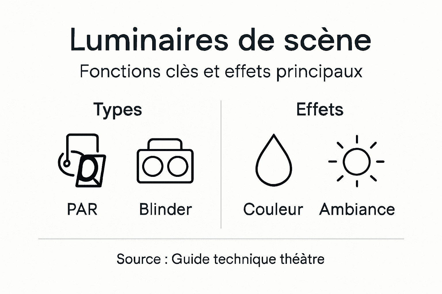Visuel explicatif sur les différents types de projecteurs de scène et leurs effets incontournables