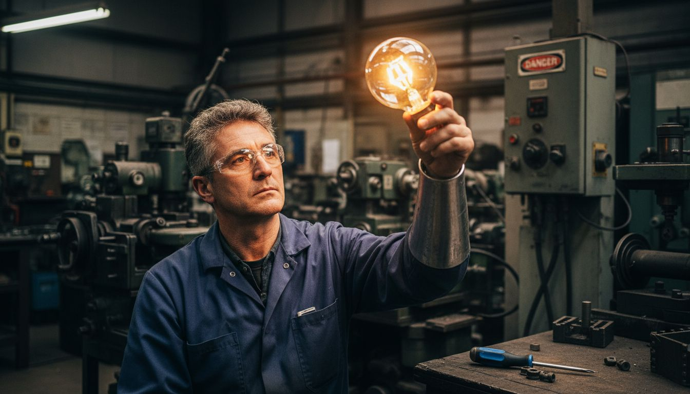 Un technicien examine le filament incandescent d'une ampoule lors d’un contrôle minutieux.