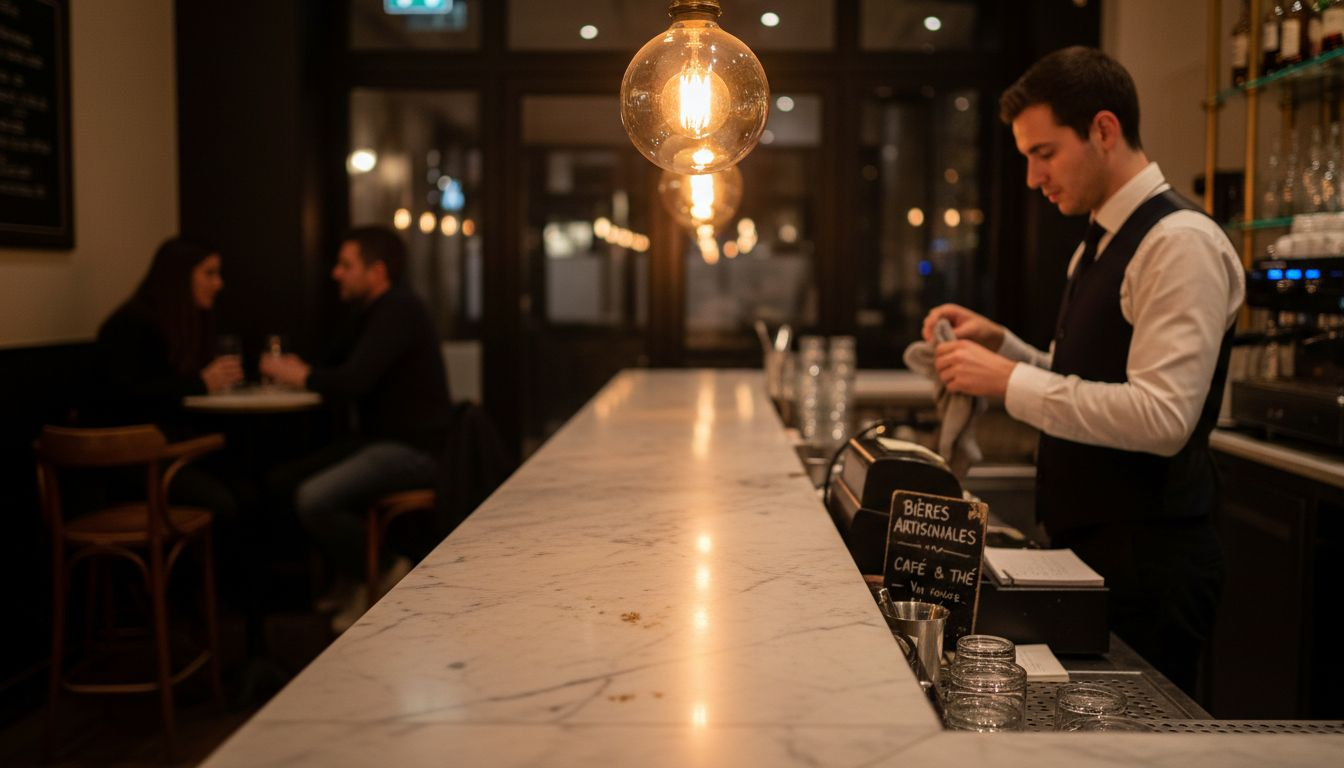 Un bar élégant à l’ambiance rétro, sublimé par des ampoules vintage et un service attentionné.