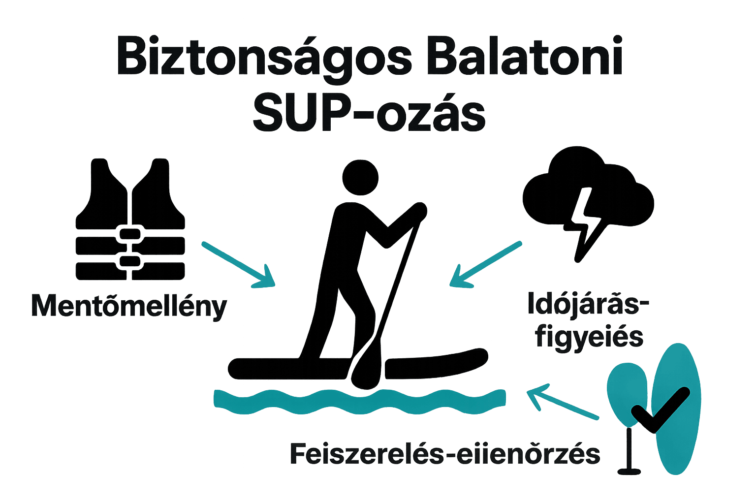 Biztonságos SUP-ozás infografika: mentőmellény, időjárás, felszerelés ellenőrzés.