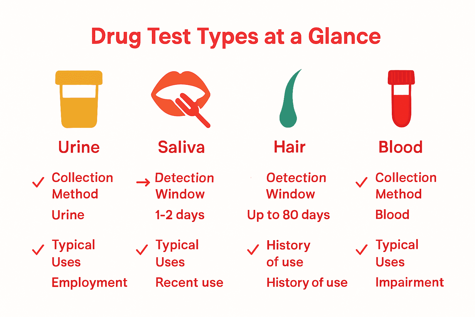 Infographic comparing urine, saliva, hair, and blood drug tests