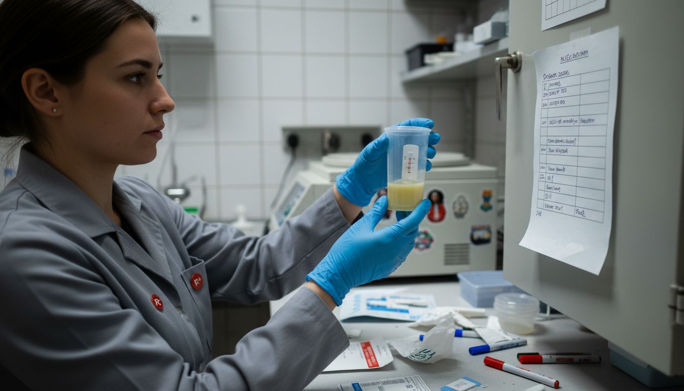 Lab technician holding urine drug test cup