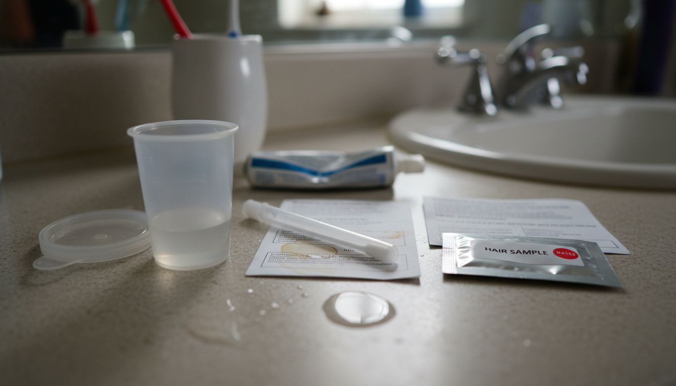 Three types of home drug tests on bathroom counter