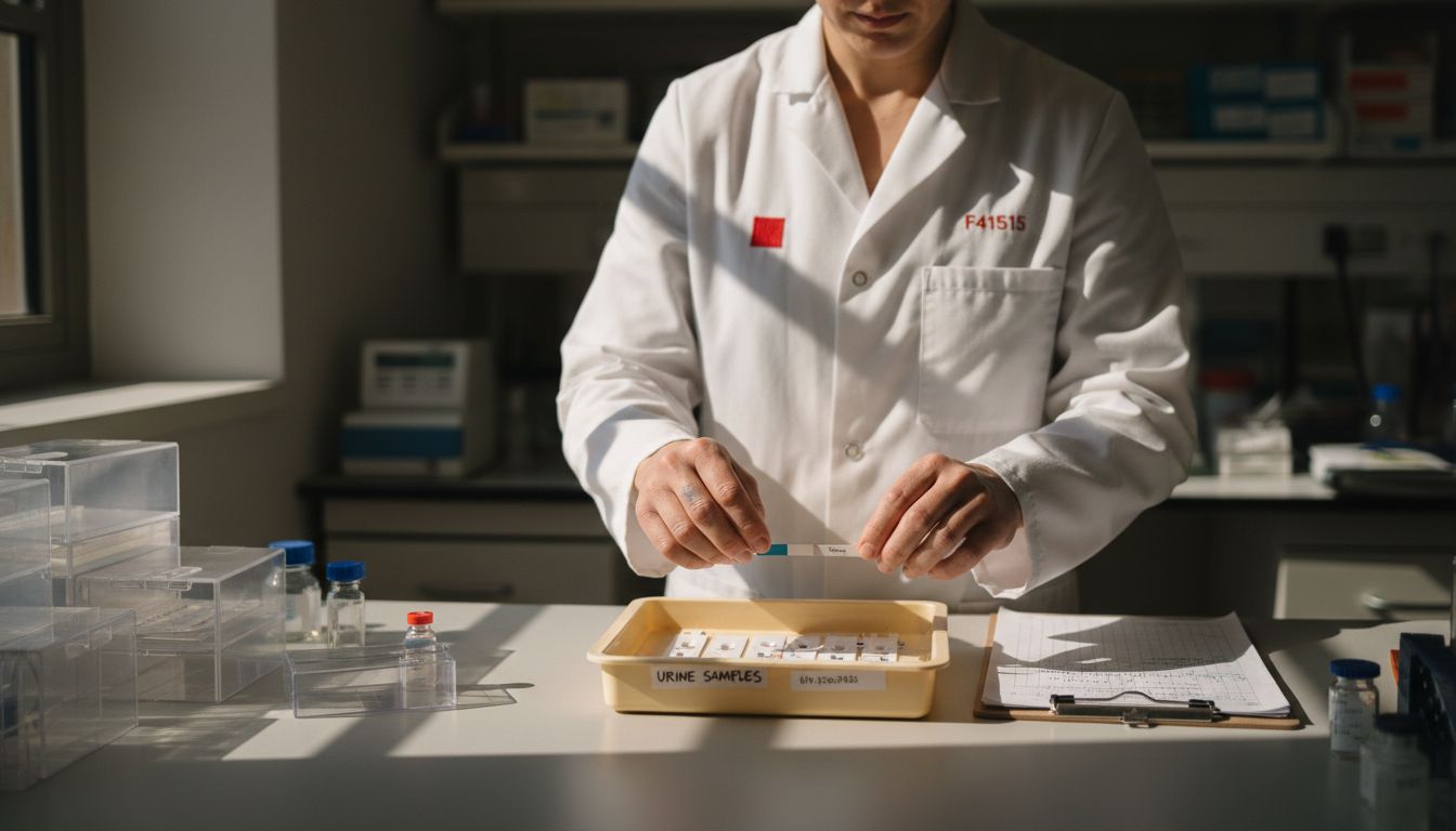Lab tech examining drug test strips on desk