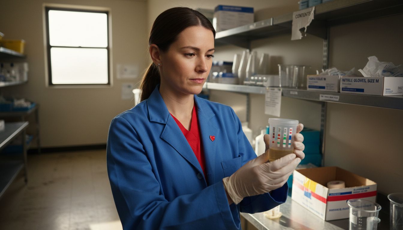 Technician comparing drug test cup panels