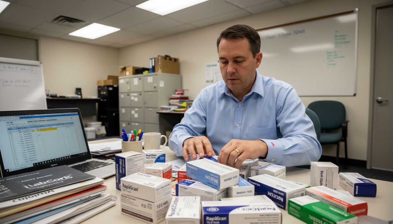 Agent comparing bulk drug test kit options