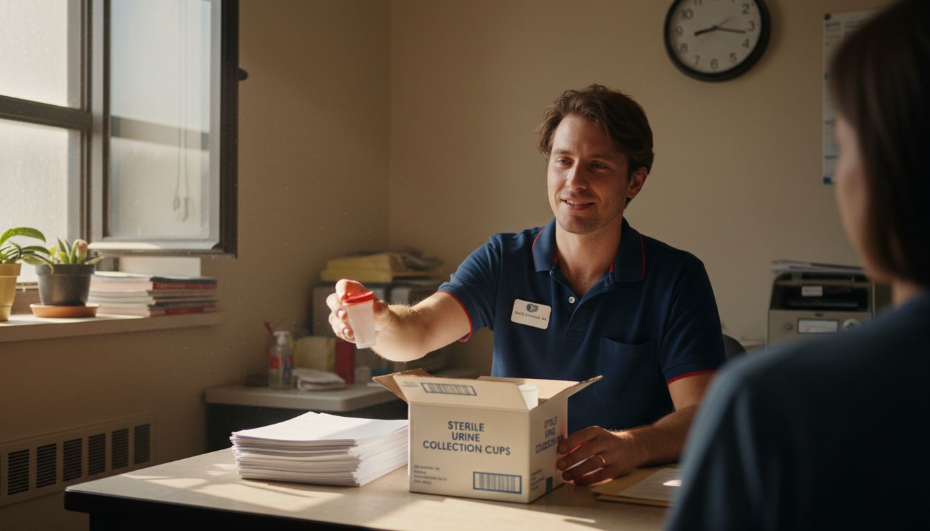 Assistant providing urine sample collection cup