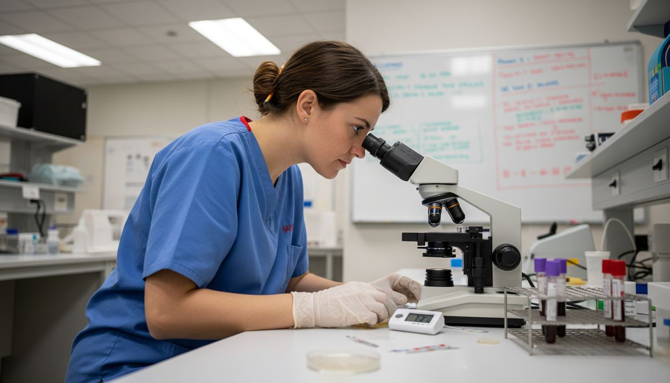 Analyst reviews drug test samples in lab