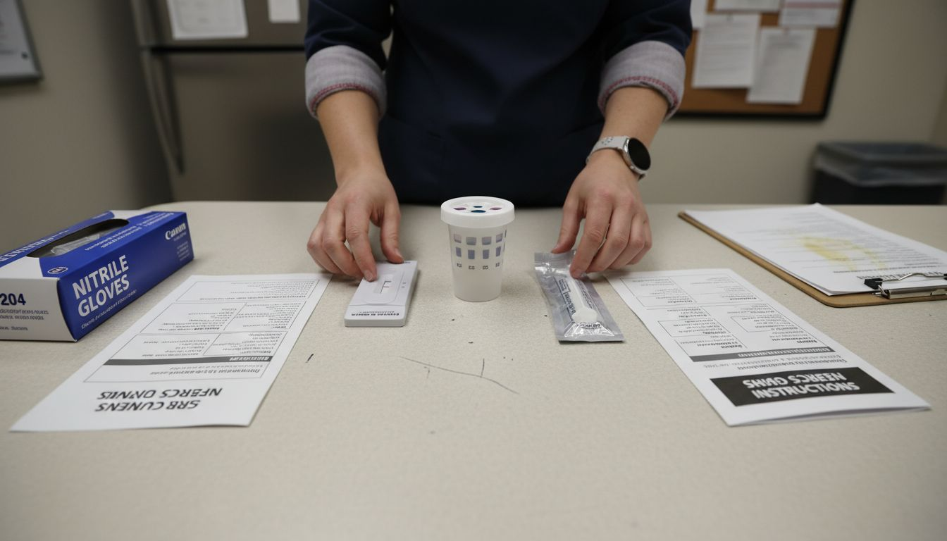 Various drug testing devices on clinic table