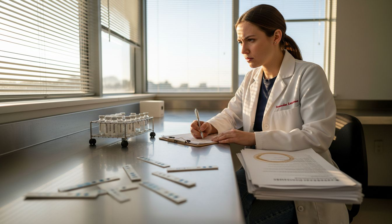 Scientist recording multi panel drug test results