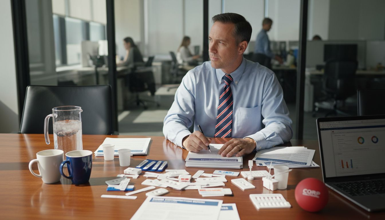 Supervisor comparing drug test kits at table