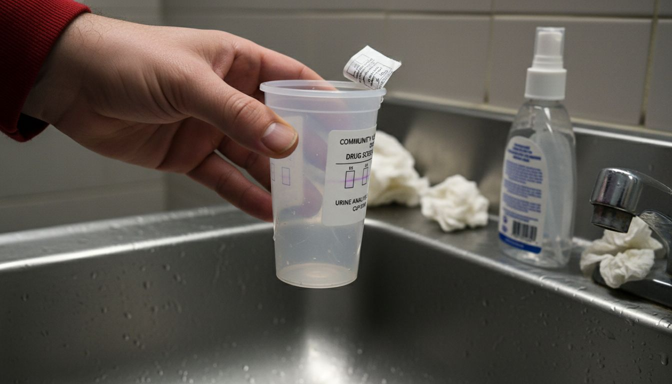Hand holding drug test cup above sink