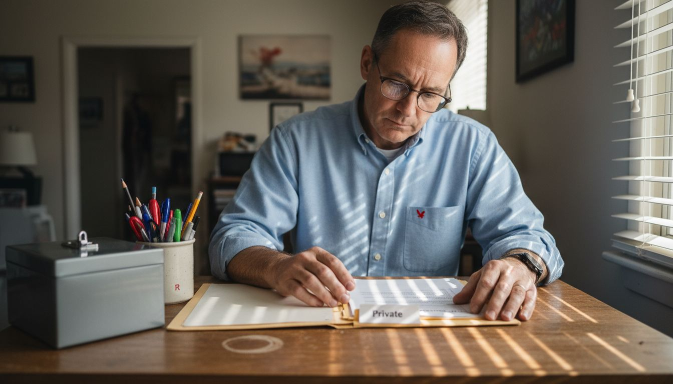 Caseworker reviews confidential paperwork at home