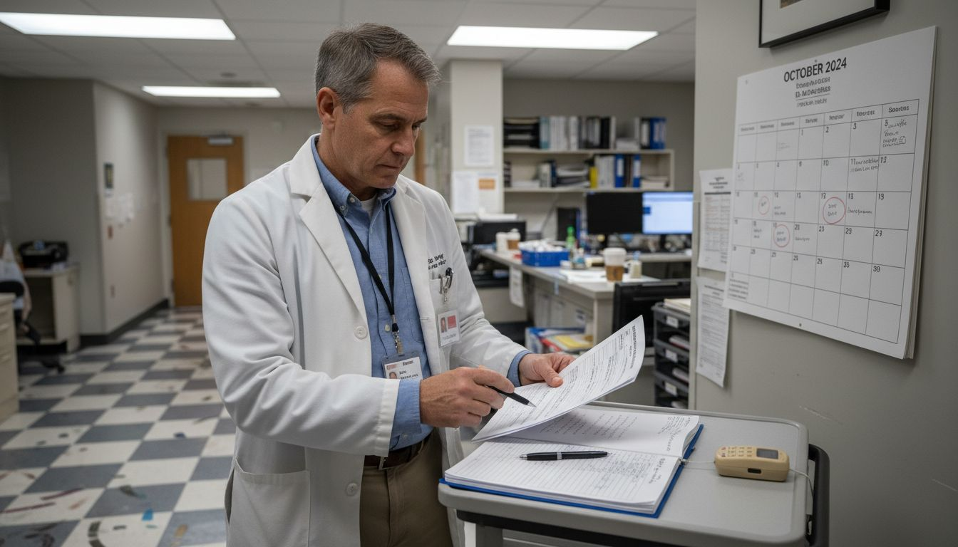 Physician reviews printed rapid test results at workstation