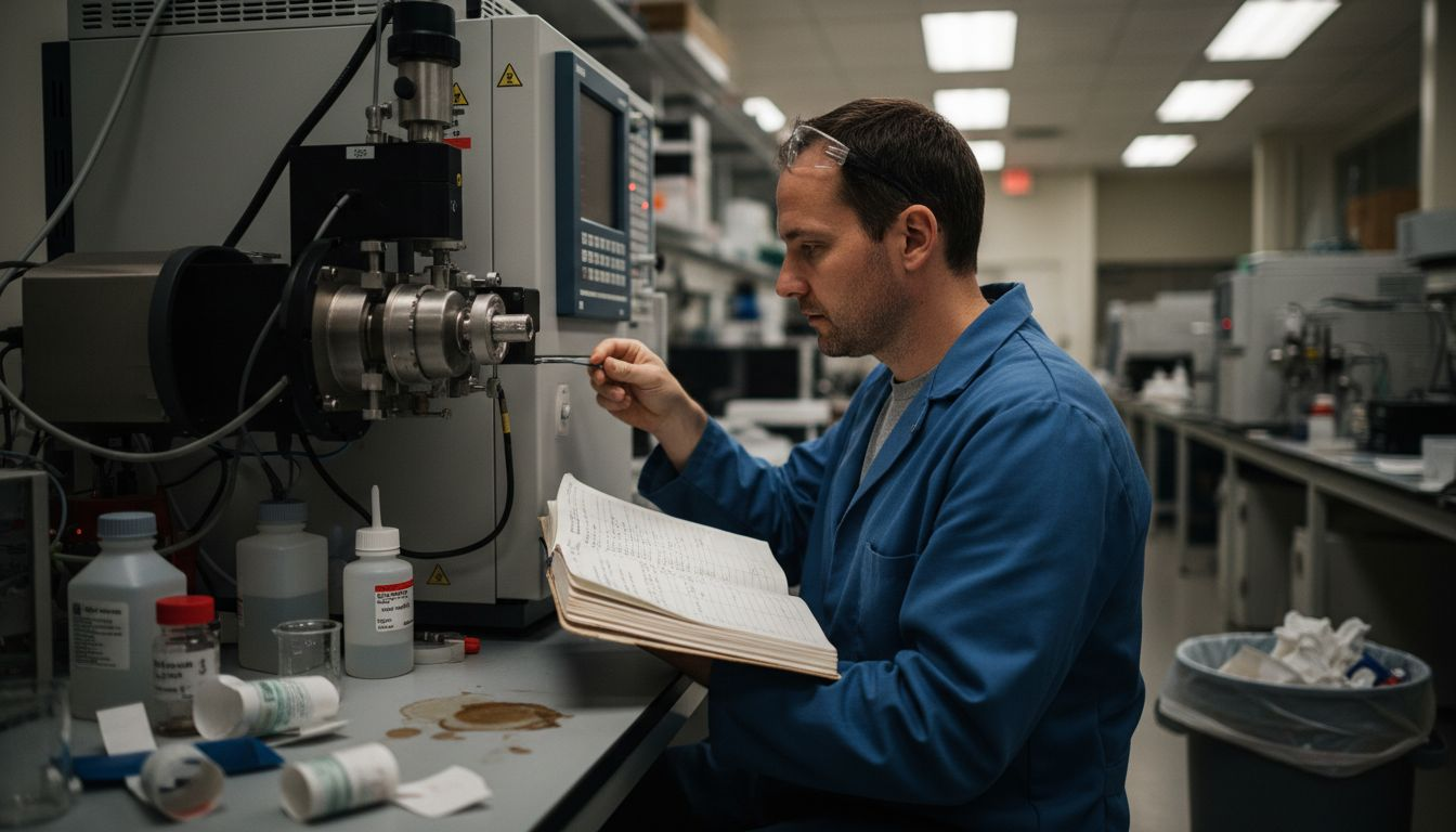 Scientist calibrating lab analyzer for accuracy