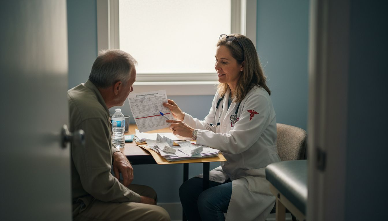 Physician reviews medication chart with patient