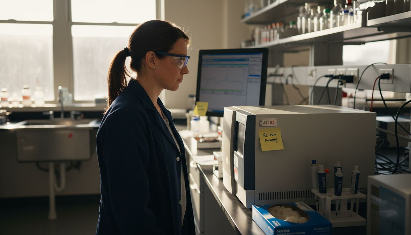 Scientist reading chromatography instrument results