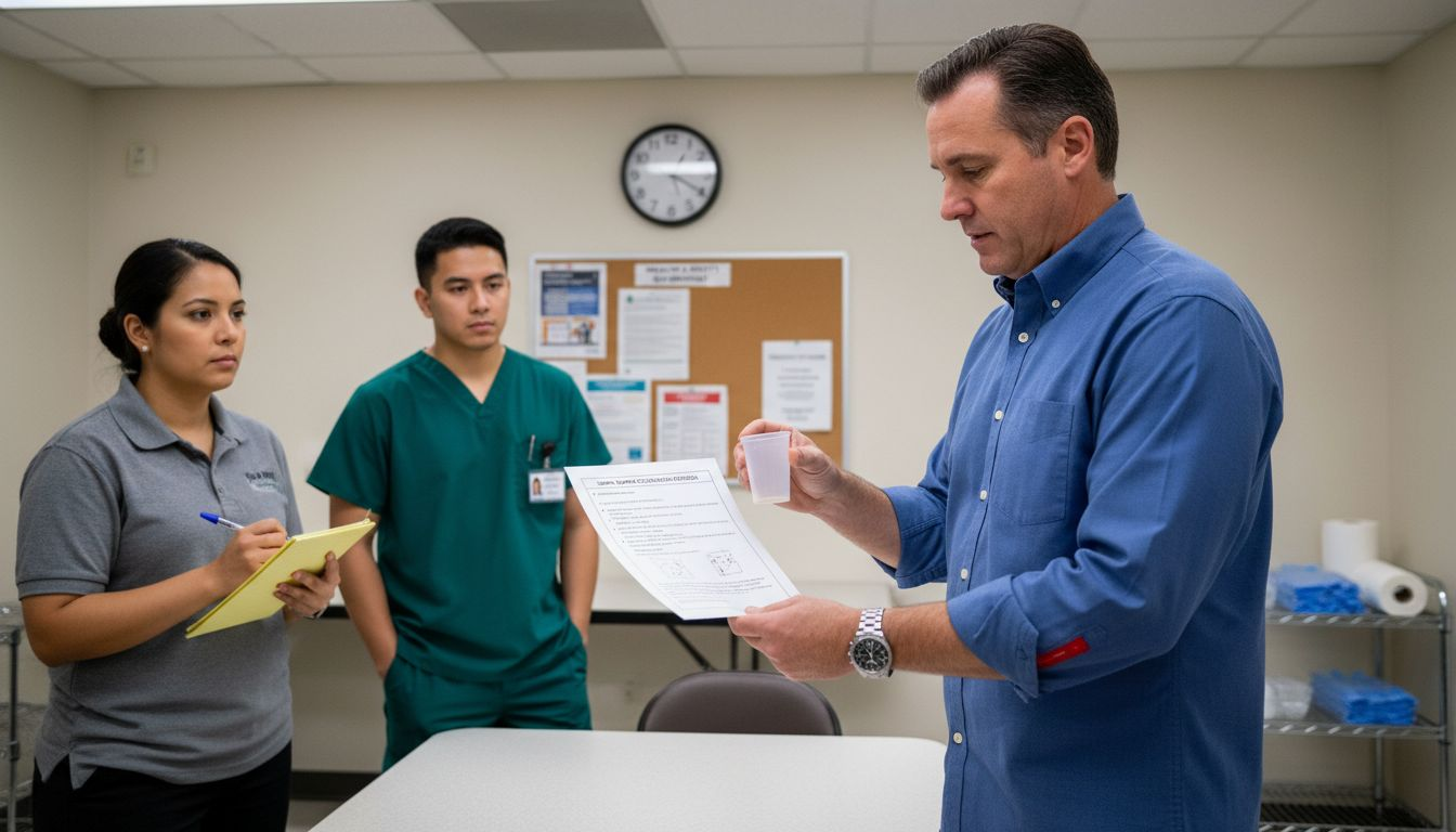 Trainer teaching staff drug test collection steps