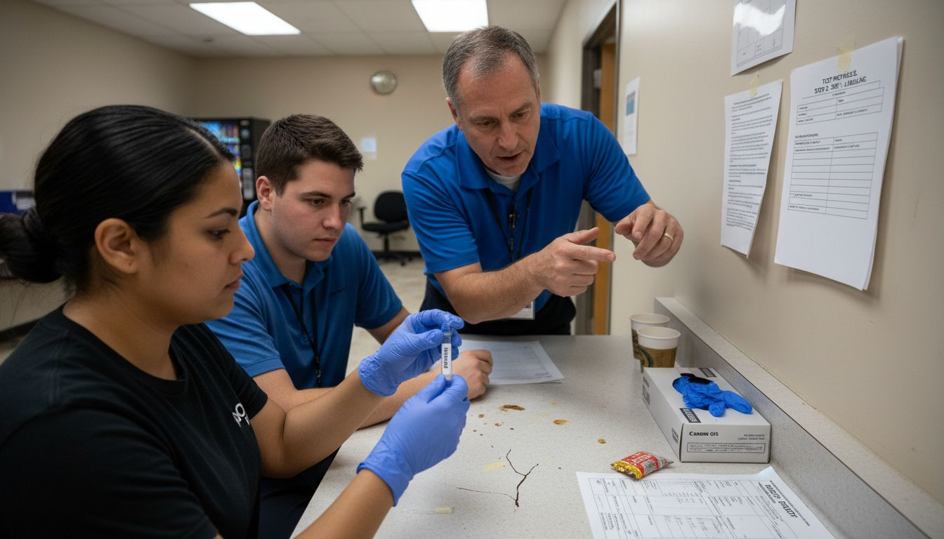Supervisor guides trainees at workplace test station