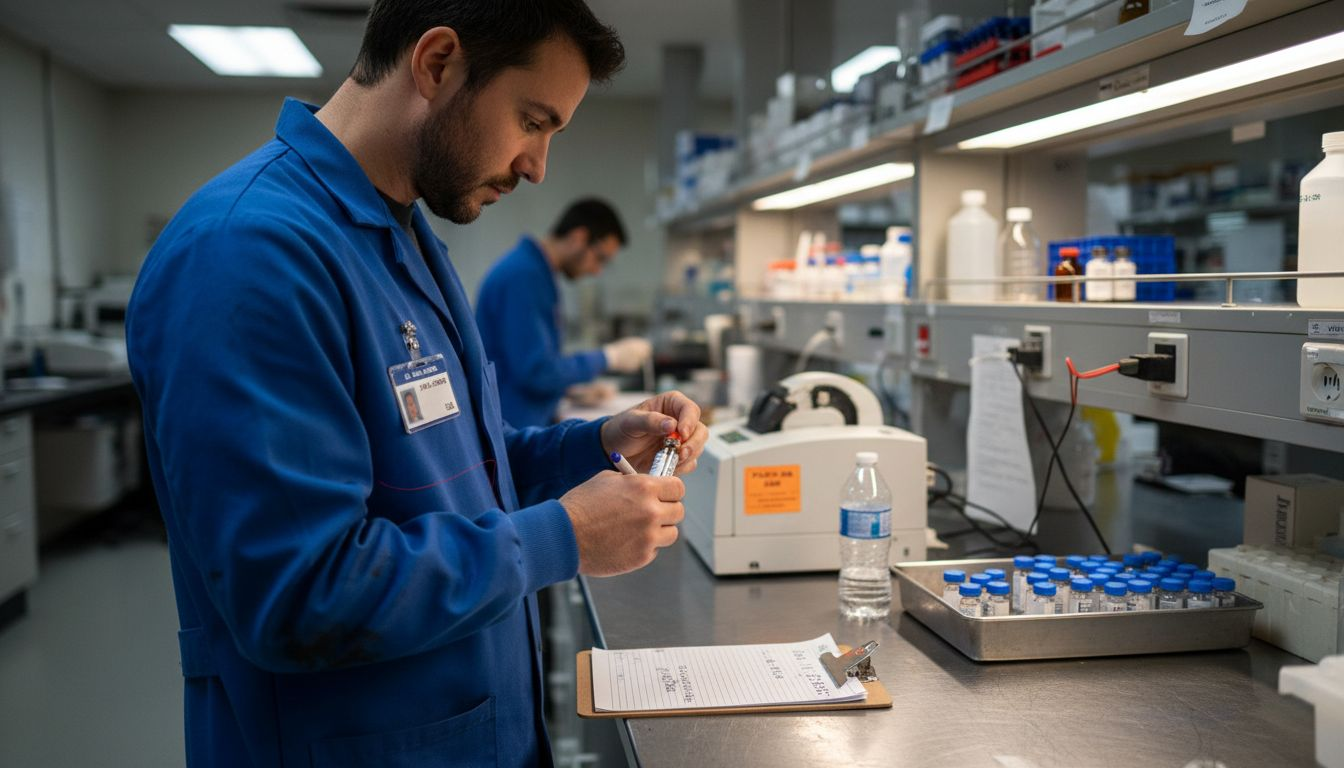 Lab technician labeling drug test samples