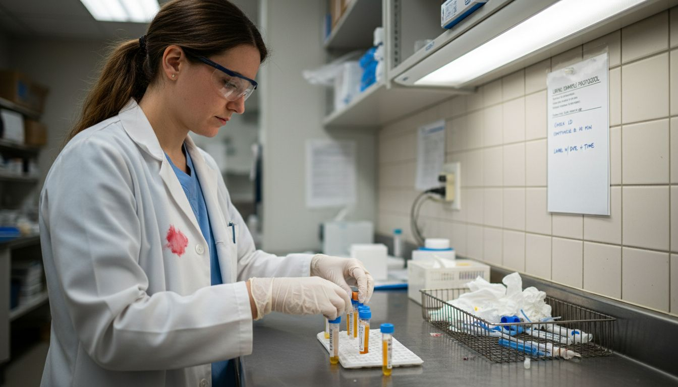 Lab technician setting up urine test samples
