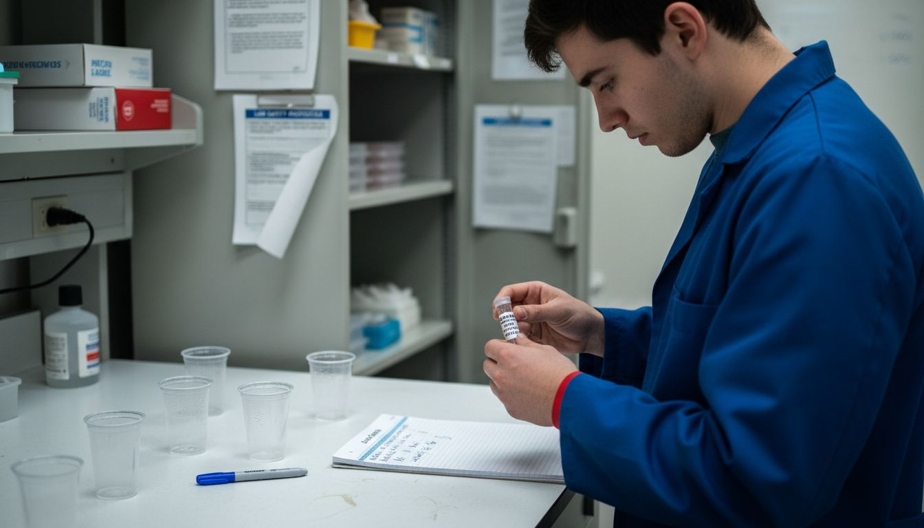 Technician labels urine samples in clinic lab
