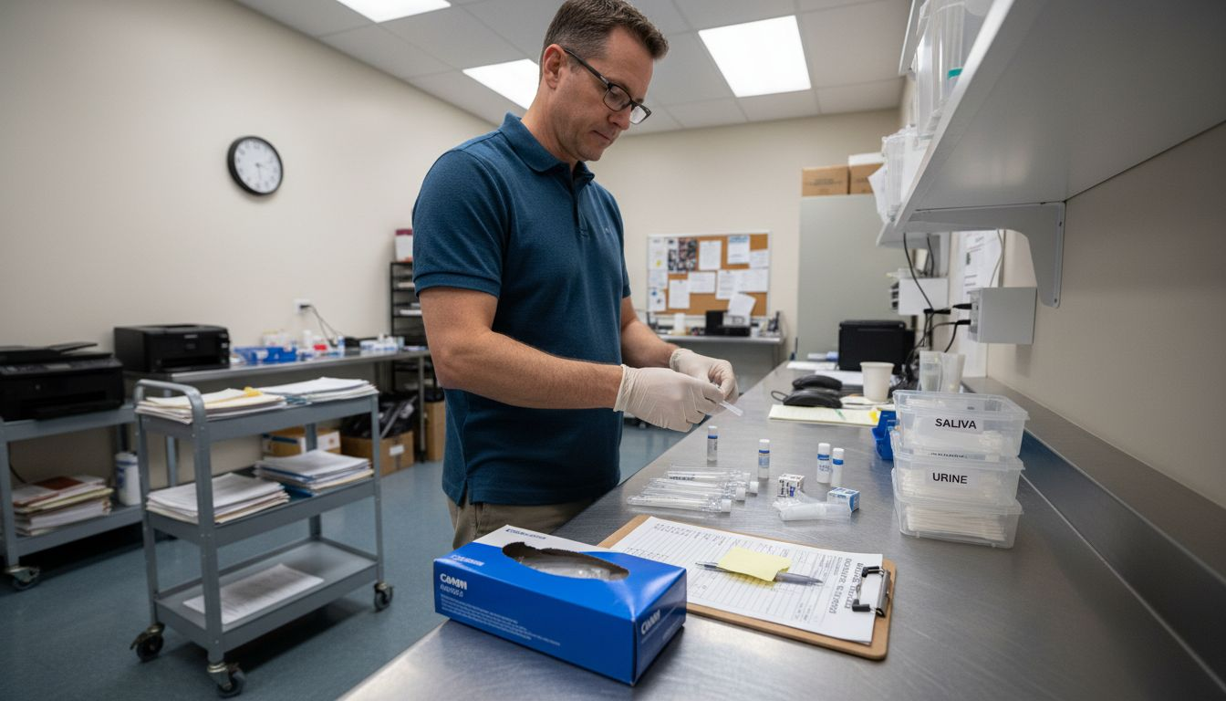 Technician organizing workplace drug test kits