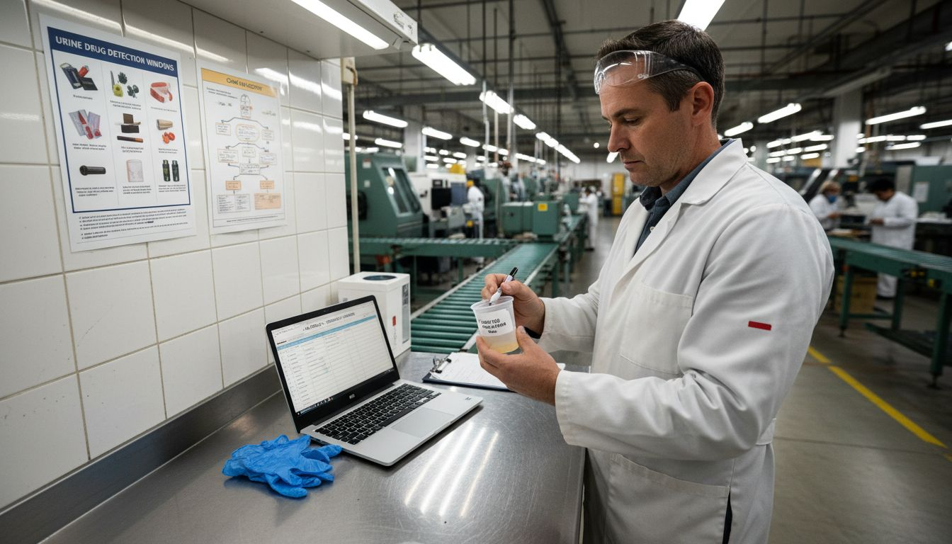 Lab technician labeling drug specimen cup