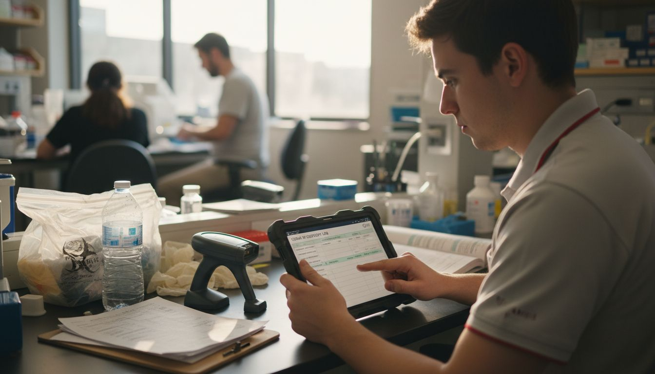 Lab assistant digitally logs drug specimens