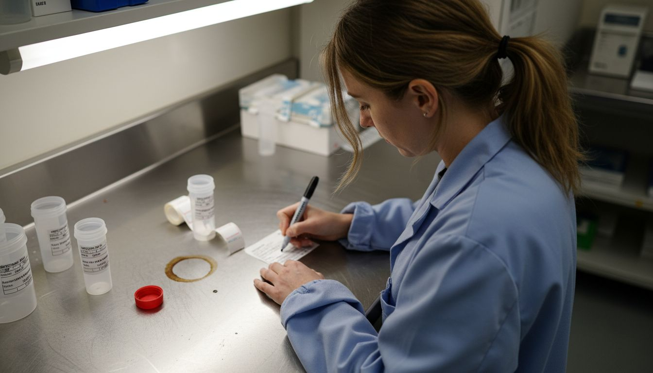 Assistant labeling specimen collection container