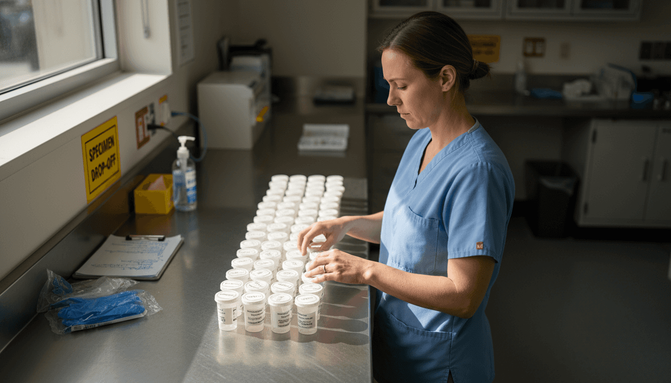 Technician prepares specimen cups in collection room