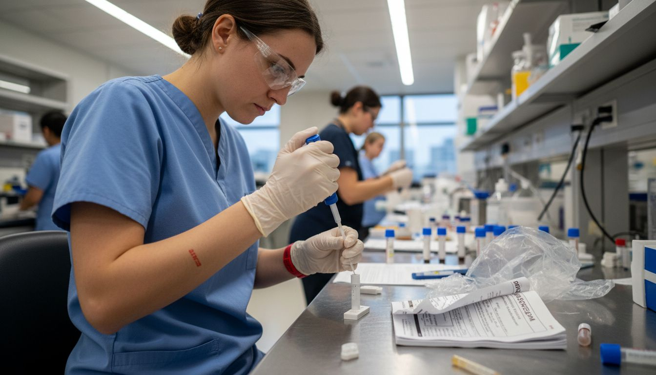 Technician performs urine immunoassay drug test