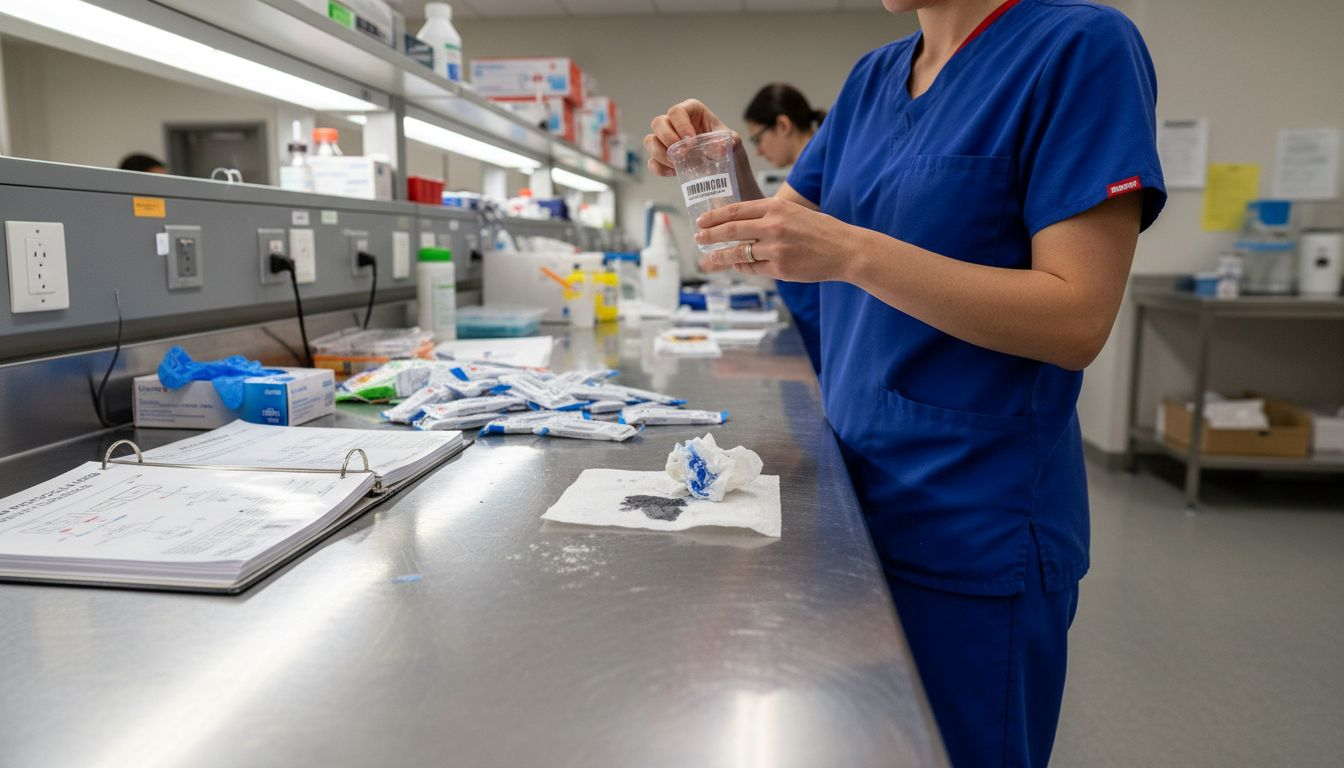 Technician labeling urine sample in lab setting