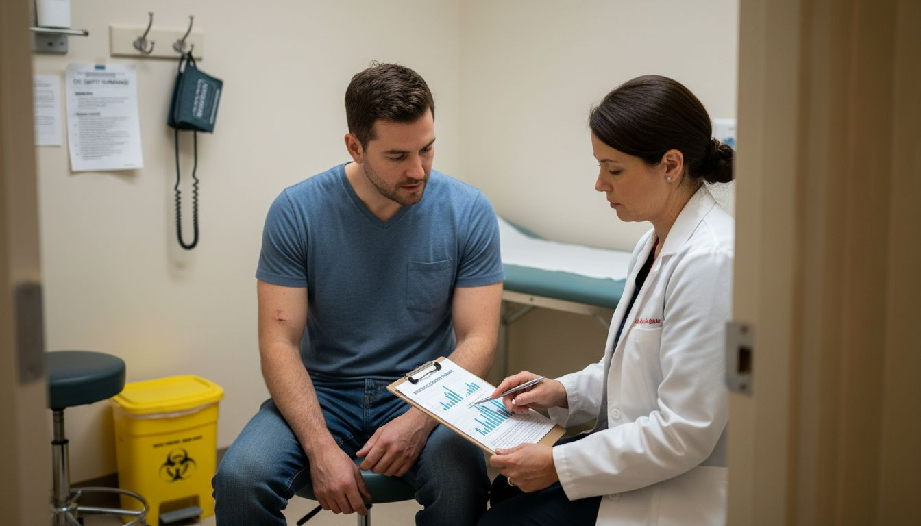 Patient and nurse discussing safety monitoring data