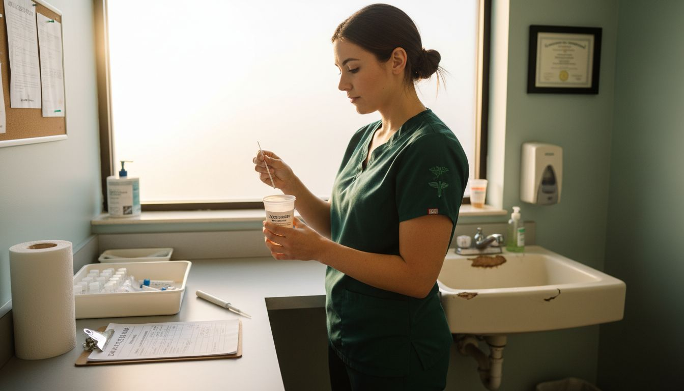 Medical assistant prepares specimen for drug test