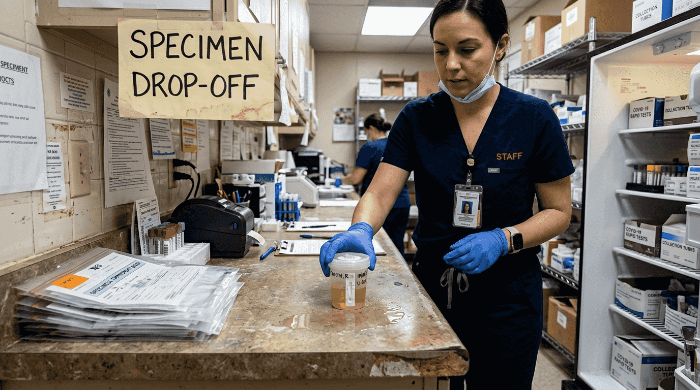 Nurse handling urine test cup at clinic