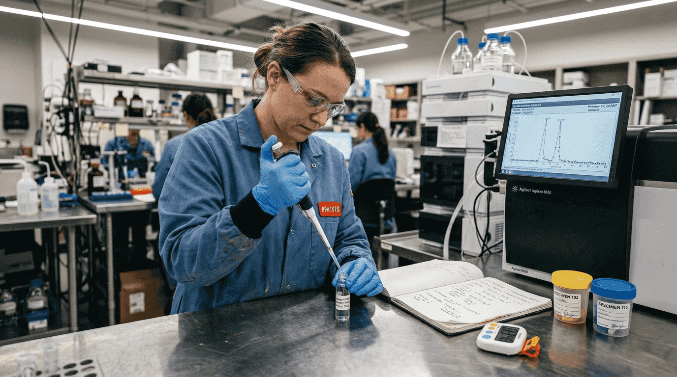 Technician pipetting sample for drug confirmation test