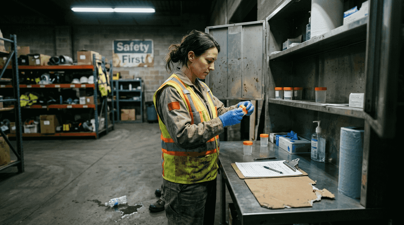 Industrial worker at safety station preparing sample