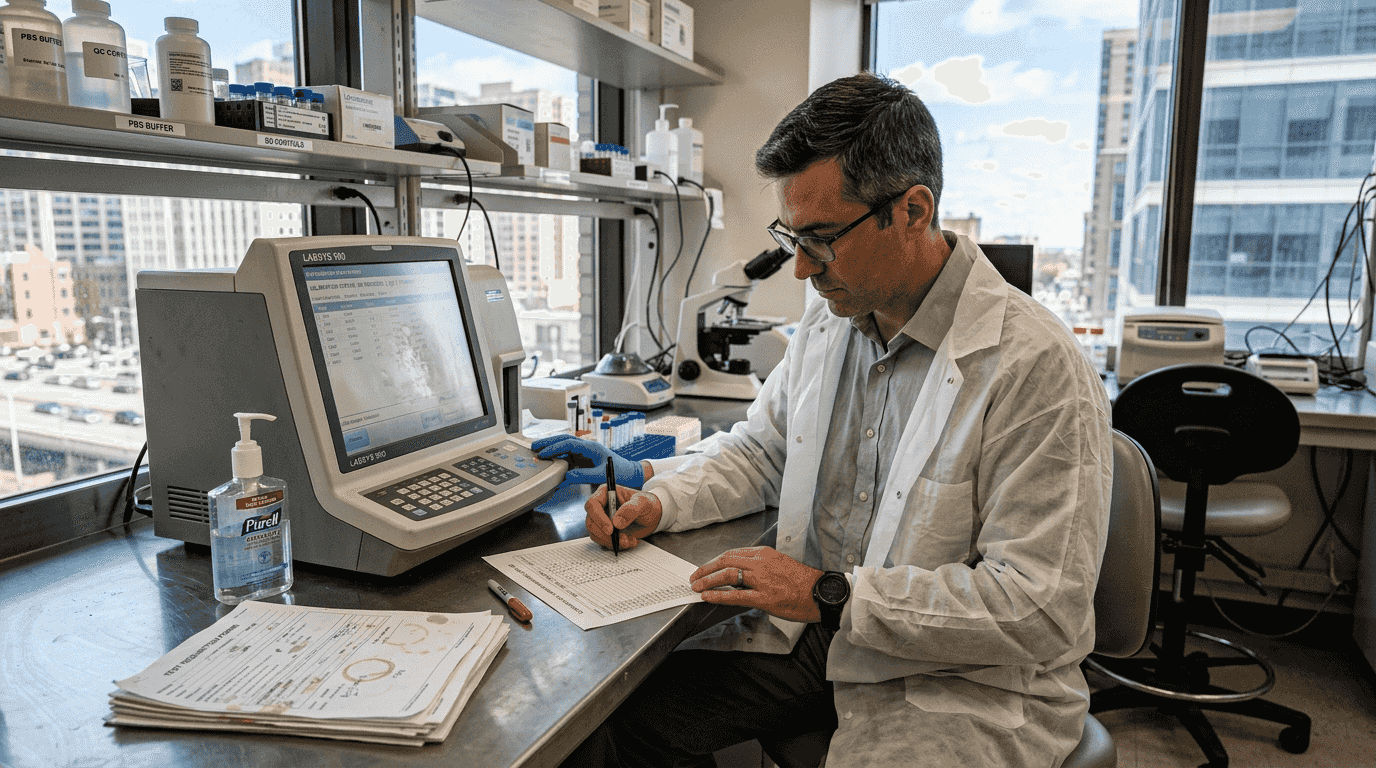 Technician calibrating immunoassay analyzer in lab
