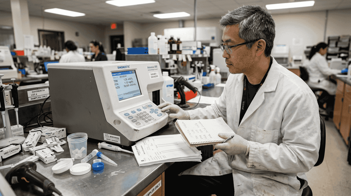 Analyst reading immunoassay results in lab