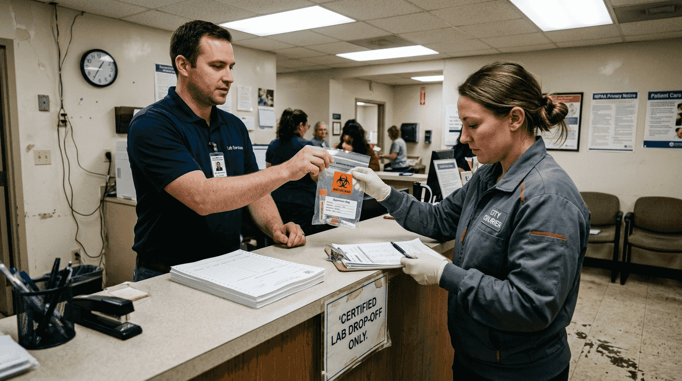 Lab collector handing specimen to courier
