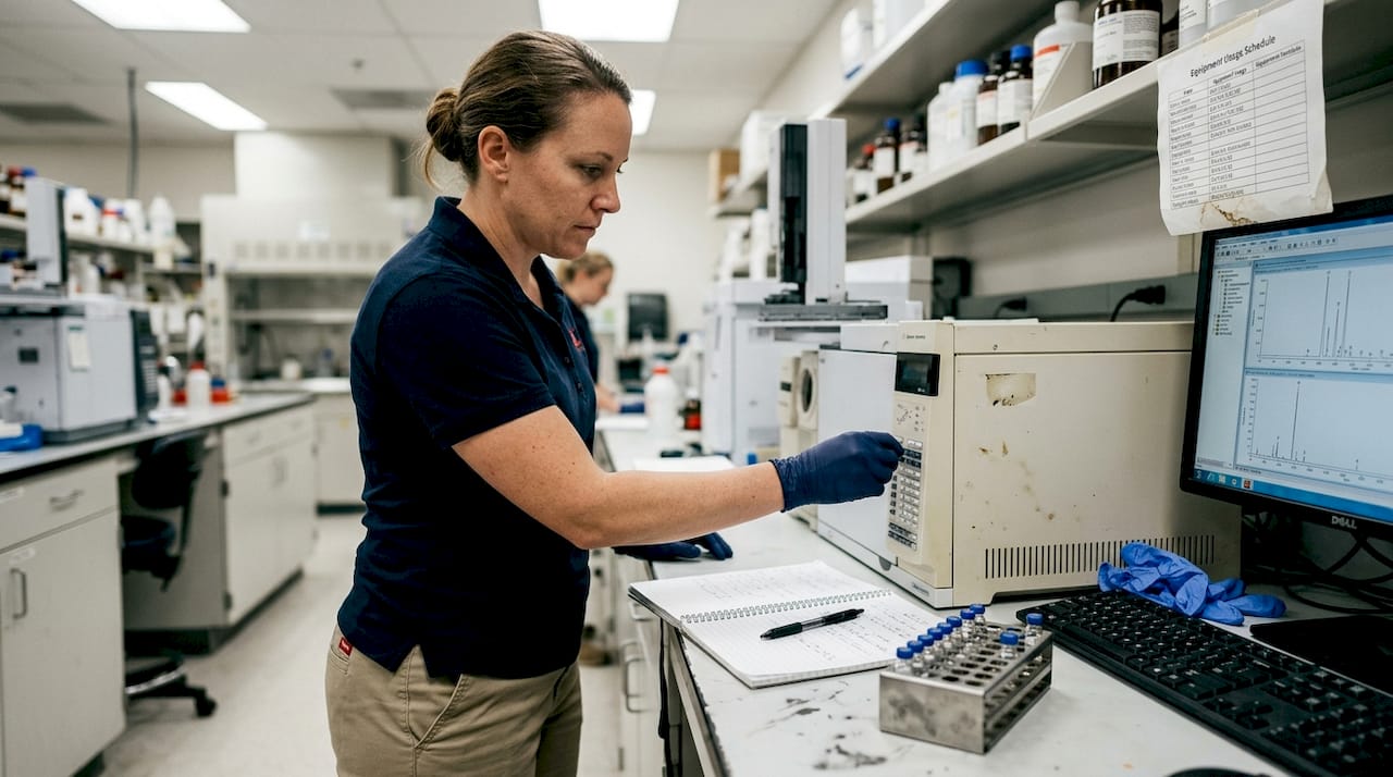 Lab technician running confirmatory drug test GC MS