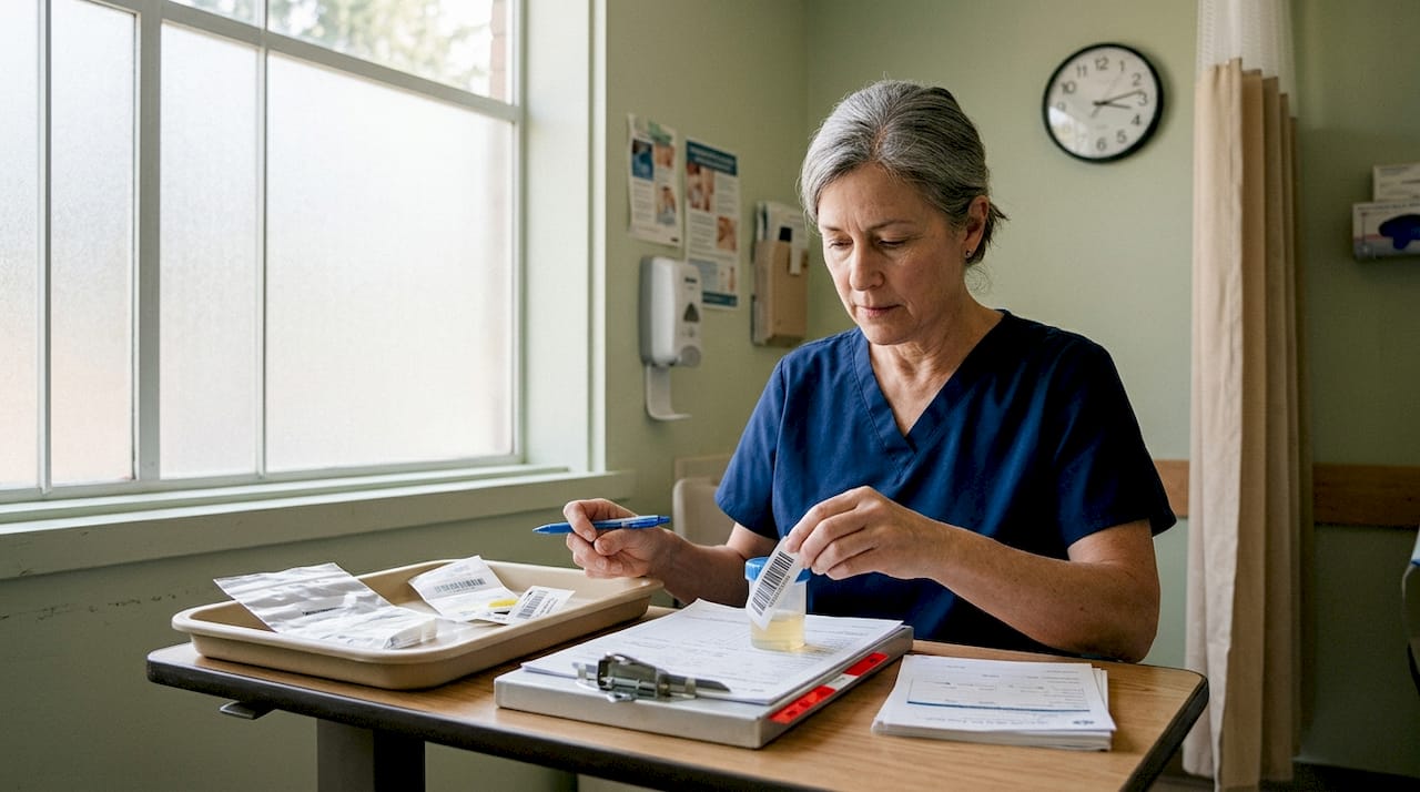Nurse labels urine sample in intake room