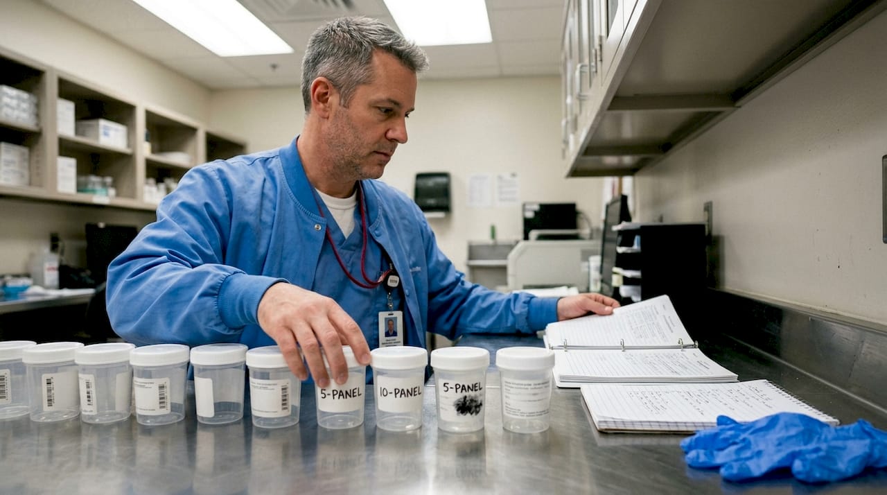 Technician arranges drug test panels on table