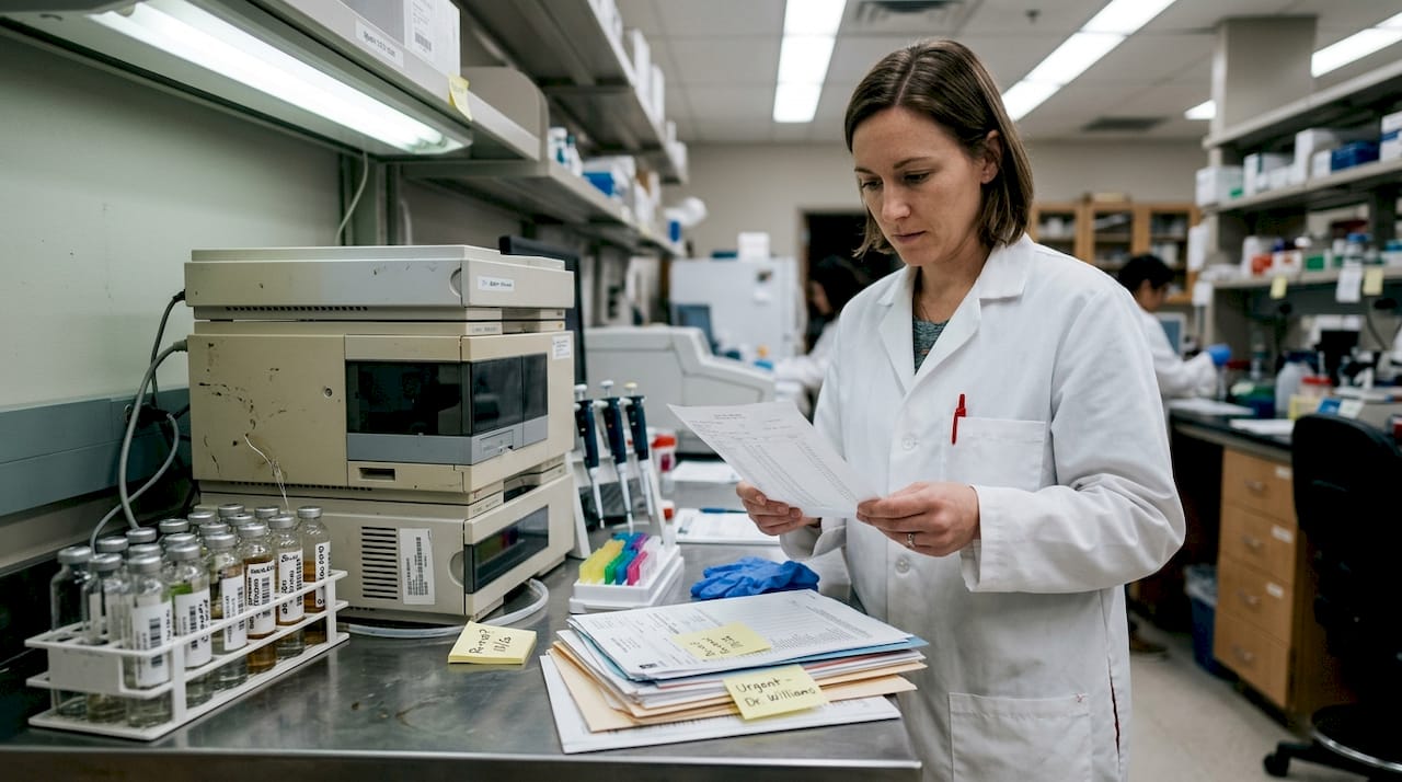 Scientist processes drug test specimens in lab