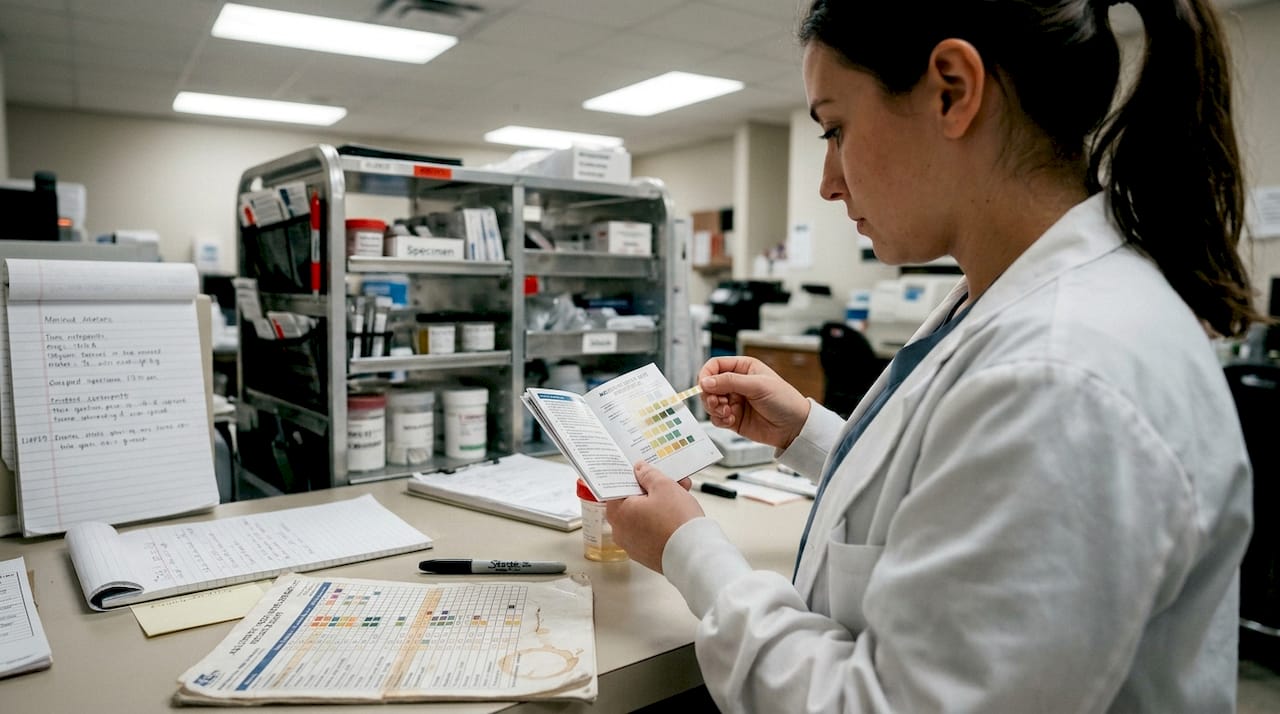 Worker compares test strip to reference chart