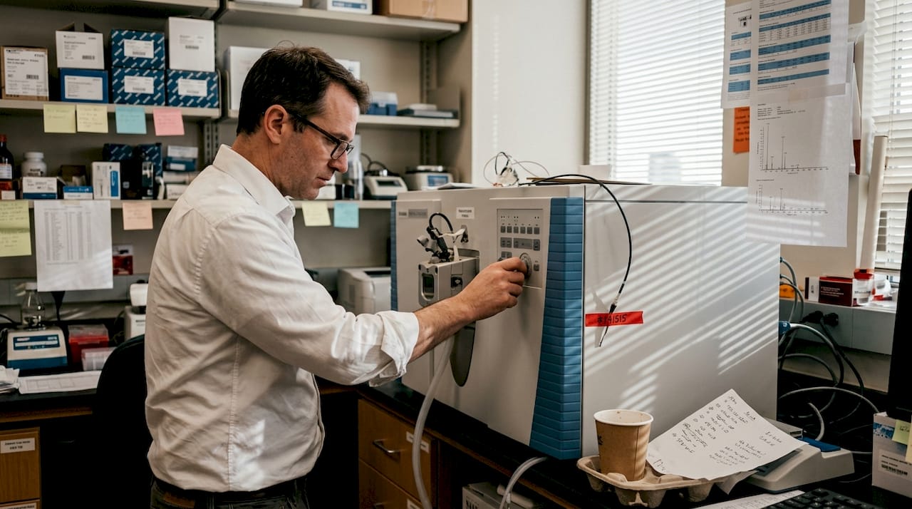 Clinical scientist adjusting mass spectrometer